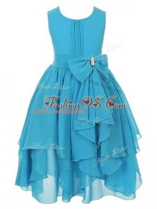Aqua Blue Chiffon Zipper Scoop Sleeveless Asymmetrical Kids Pageant Dress Ruffles and Bowknot