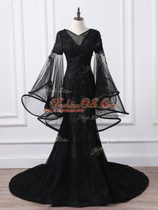 Noble Lace and Appliques Mother Of The Bride Dress Black Lace Up Long Sleeves Brush Train