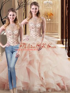 Fabulous Peach Quinceanera Dresses Tulle Brush Train Sleeveless Beading and Ruffles