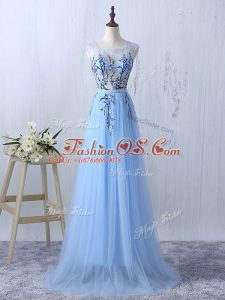 Sleeveless Tulle Floor Length Side Zipper Vestidos de Damas in Light Blue with Appliques