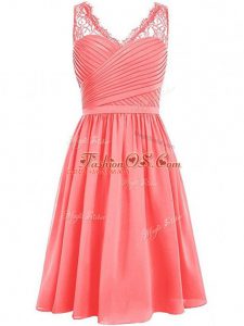 Watermelon Red Empire V-neck Sleeveless Chiffon Knee Length Side Zipper Lace and Ruching Vestidos de Damas