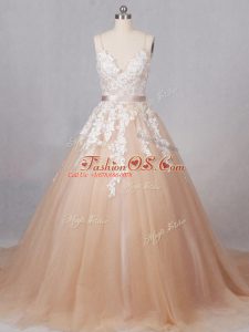 Elegant Champagne Tulle Zipper Wedding Gowns Sleeveless Brush Train Appliques