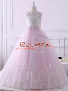 Simple Baby Pink Lace Up Scalloped Lace Girls Pageant Dresses Tulle Sleeveless Brush Train