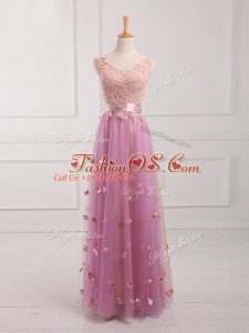 Customized Lilac Tulle Lace Up V-neck Sleeveless Floor Length Bridesmaid Dress Lace and Appliques