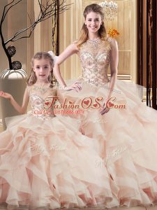 Brush Train Ball Gowns 15th Birthday Dress Peach Scoop Tulle Sleeveless Lace Up