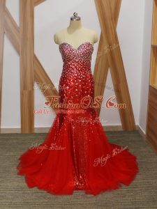 On Sale Red Zipper Sweetheart Beading Celebrity Evening Dresses Tulle Sleeveless
