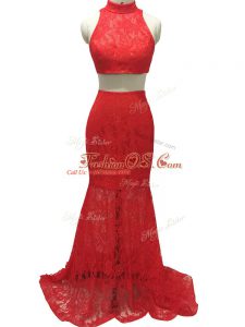 Red Halter Top Neckline Lace Party Dress Sleeveless Zipper