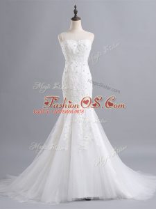 Smart Brush Train Mermaid Bridal Gown White Scoop Tulle Sleeveless Zipper