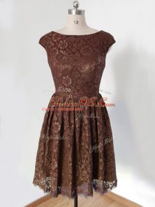 Extravagant Lace Court Dresses for Sweet 16 Brown Lace Up Cap Sleeves Knee Length