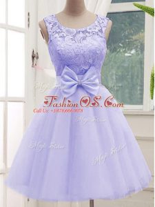 Hot Sale Sleeveless Knee Length Lace and Bowknot Lace Up Bridesmaids Dress with Lavender