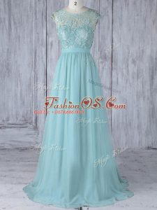 Delicate Aqua Blue Cap Sleeves Lace Backless Bridesmaid Dress