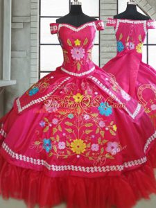 Elegant Sweetheart Short Sleeves Quinceanera Gowns Floor Length Beading and Embroidery Hot Pink Taffeta