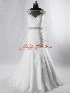 Chic White Scoop Neckline Beading and Lace Wedding Gown Cap Sleeves Clasp Handle