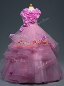 Lilac Lace Up High-neck Ruffles and Hand Made Flower Little Girl Pageant Gowns Tulle Sleeveless