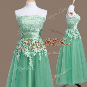 Tea Length Turquoise Dama Dress for Quinceanera Strapless Sleeveless Lace Up