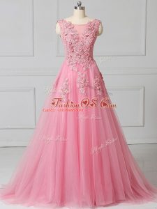 Pink Tulle Lace Up Scoop Sleeveless Prom Gown Brush Train Appliques