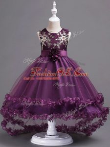 Beautiful Appliques and Hand Made Flower Little Girls Pageant Gowns Dark Purple Zipper Sleeveless High Low