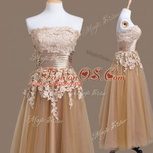 Hot Selling Sleeveless Tea Length Appliques Lace Up Quinceanera Dama Dress with Brown