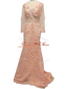 Peach Scoop Neckline Beading and Hand Made Flower Mother Of The Bride Dress Long Sleeves Side Zipper