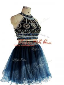 Smart Navy Blue Tulle Backless Halter Top Sleeveless Mini Length Cocktail Dresses Beading