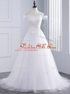 Pretty White Sleeveless Tulle Lace Up Wedding Dress for Beach and Wedding Party