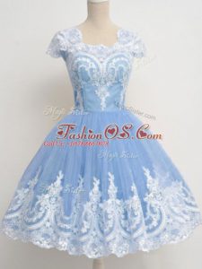 Lace Damas Dress Light Blue Zipper Cap Sleeves Knee Length