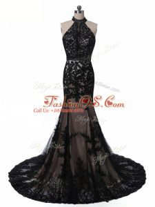 Low Price Sleeveless Tulle and Lace Brush Train Backless Mother Of The Bride Dress in Black with Lace and Appliques
