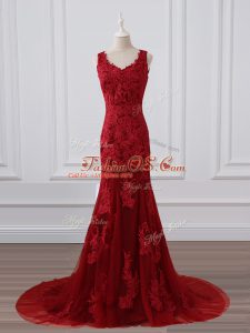 Affordable Red Mother Of The Bride Dress Lace Brush Train Sleeveless Lace and Appliques