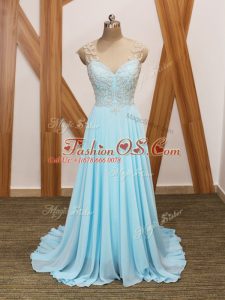 Fantastic Short Sleeves Brush Train Side Zipper Beading and Ruching Celebrity Dress