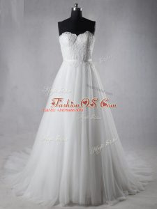 Decent White Wedding Dresses Tulle Brush Train Sleeveless Lace