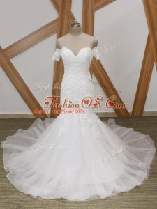 Romantic White Mermaid Tulle Off The Shoulder Short Sleeves Beading Backless Wedding Dresses Court Train
