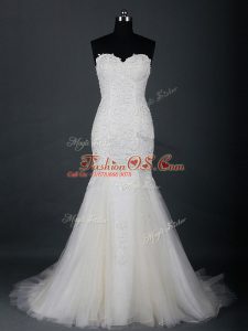 Modest White Sweetheart Neckline Lace Wedding Gowns Sleeveless Zipper