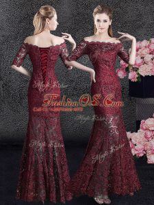Colorful Mermaid Mother Of The Bride Dress Wine Red Off The Shoulder Lace Half Sleeves Floor Length Lace Up
