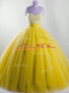 Custom Designed Yellow Ball Gowns Strapless Sleeveless Tulle Floor Length Lace Up Beading Quinceanera Dress