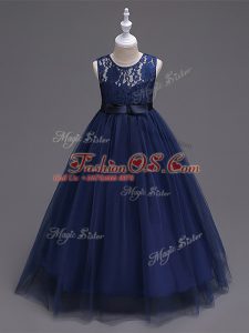Navy Blue Zipper Scoop Lace Little Girls Pageant Gowns Tulle Sleeveless