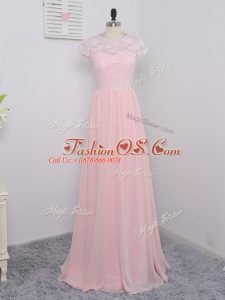Popular Baby Pink Empire Chiffon Scoop Short Sleeves Lace Floor Length Zipper Vestidos de Damas