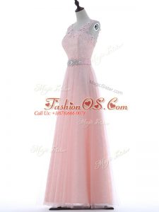 Superior Baby Pink V-neck Neckline Lace and Appliques Evening Dress Sleeveless Zipper