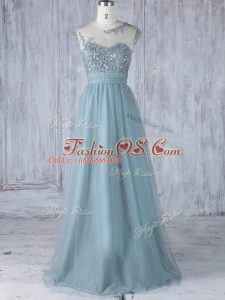 Glittering Tulle Scoop Cap Sleeves Zipper Appliques Bridesmaid Dress in Grey