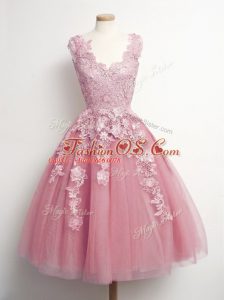 Fitting Sleeveless Tulle Knee Length Lace Up Court Dresses for Sweet 16 in Pink with Appliques