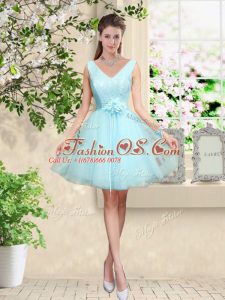 Aqua Blue Tulle Lace Up V-neck Sleeveless Knee Length Bridesmaid Dresses Lace and Belt