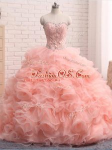 Pink Sweetheart Zipper Beading and Ruffles Quinceanera Dress Sleeveless