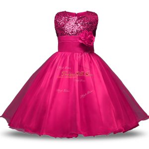Scoop Sleeveless Flower Girl Dresses Knee Length Belt and Hand Made Flower Hot Pink Organza and Sequined