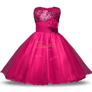 Scoop Sleeveless Flower Girl Dresses Knee Length Belt and Hand Made Flower Hot Pink Organza and Sequined