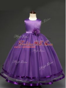 Fashionable Purple Little Girls Pageant Dress Wedding Party with Hand Made Flower Scoop Sleeveless Zipper