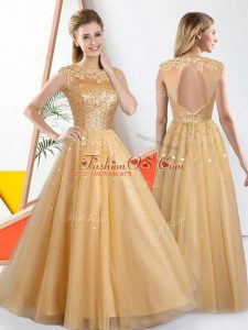 Clearance Bateau Sleeveless Bridesmaid Dress Floor Length Beading and Lace Champagne Tulle