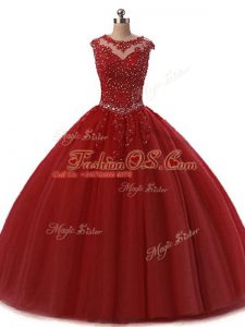 Simple Burgundy Sleeveless Tulle Lace Up Ball Gown Prom Dress for Military Ball and Sweet 16 and Quinceanera