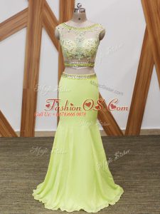 Customized Floor Length Yellow Green Party Dress for Toddlers Scoop Sleeveless Zipper