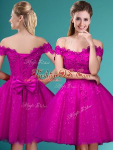 Knee Length Fuchsia Bridesmaid Dresses Off The Shoulder Cap Sleeves Lace Up