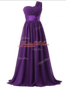 Perfect Empire Damas Dress Purple One Shoulder Chiffon Sleeveless Floor Length Lace Up