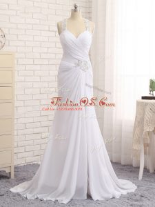 Chic Sleeveless Chiffon Brush Train Side Zipper Wedding Dresses in White with Beading and Ruching